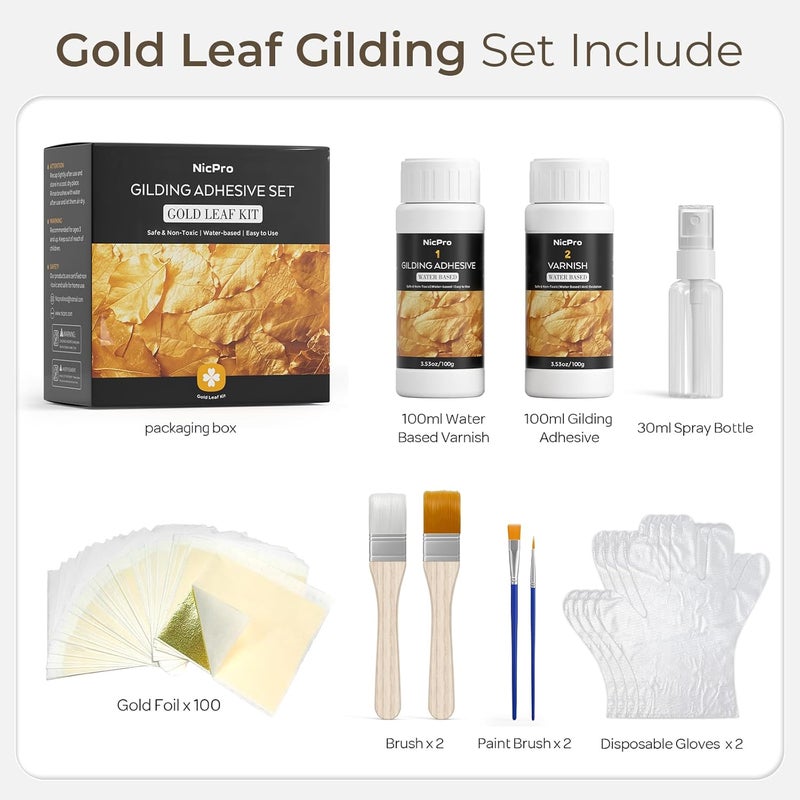 Nicpro طقم لاصق ورق الذهب، 100 مل لاصق مائي و100 مل طلاء، 100 ورقة من ورق الذهب للفنون، الرسم، الحرف، الأثاث والديكور مع 4 فرشاة - Image 2